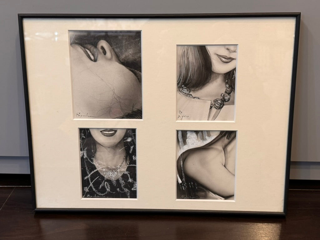 FRAMED ART 4 monochrome illustrations by Shinkai Nishimura / Syunhei (1990s?)