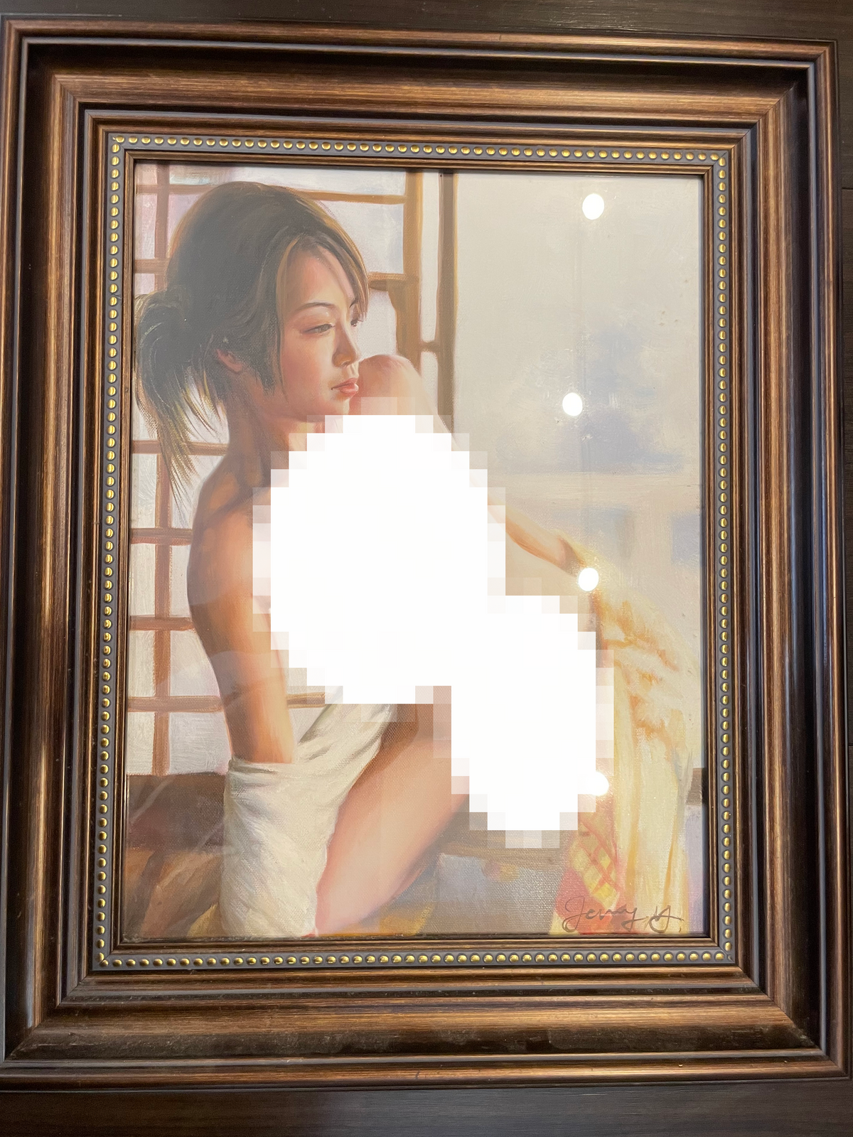 FRAMED ART Nude in Yellow Blanket by Jenny (1990s?)-thumbmail-1