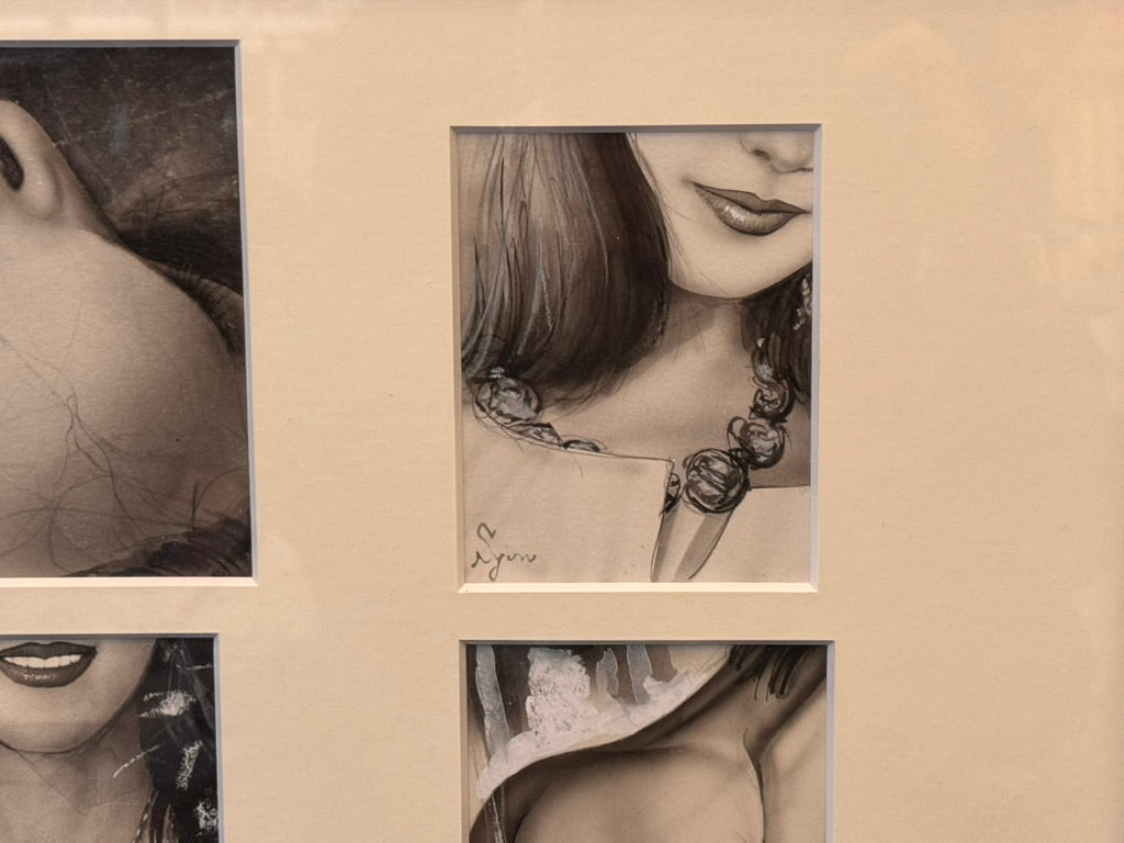 FRAMED ART 4 monochrome illustrations by Shinkai Nishimura / Syunhei (1990s?)